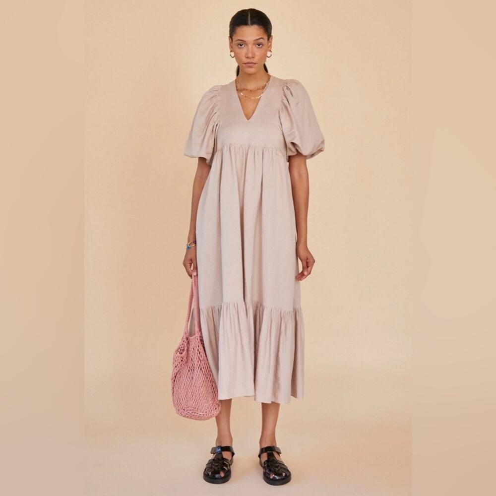 Hunter Bell Palmer V-Neck Puff Sleeve Tiered Ruffle Maxi Dress Large